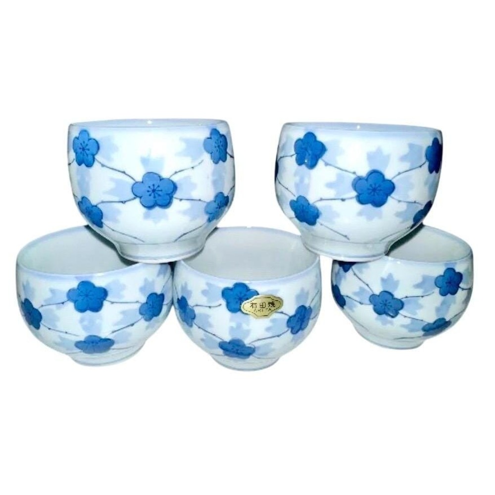 Set of Five Arita Ware Japanese Blue and White Floral Teacups